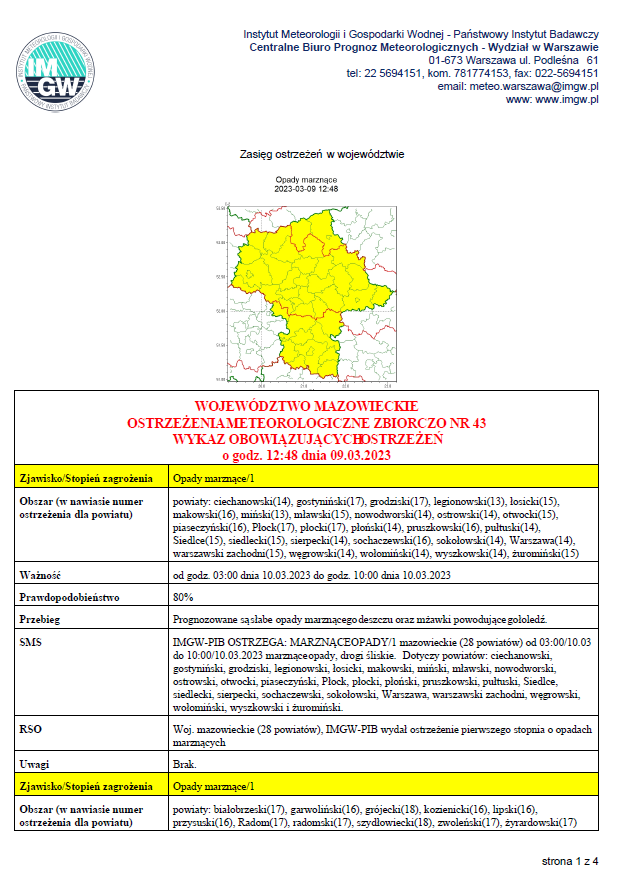 Mapa z ostrzeżeniem meteorologicznym 
