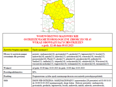 Mapa z ostrzeżeniem meteorologicznym