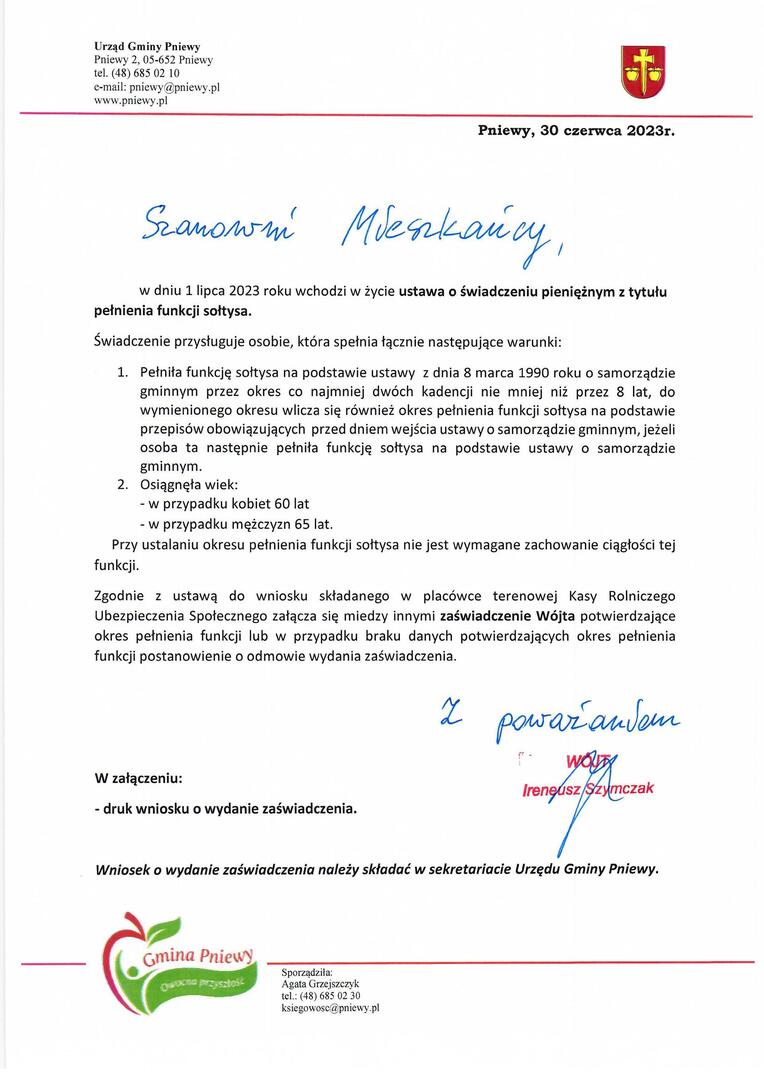 informacja w sprawie świadczenia pieniężnego dla sołtysów