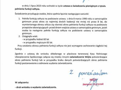 informacja w sprawie świadczenia pieniężnego dla sołtysów