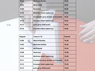 Rozkład jazdy autobusu do lokalu wyborczego w Kruszewie i lokalu wyborczego w Michrowie.