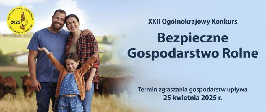 Baner reklamujący konkurs. W lewej część stoi trójka uśmiechniętych ludzi: mężczyzna w błękitnej koszulce, obejmuje kobietę, kobieta w kraciastej koszuli, a przed nimi dziwczynka z uniesionymi rękami. W tle mamy pole dojrzałego zboża, kilka czerwnoych krów i panoramę zielonych pól i małego jeziorka. Po prawej stronie znajdują się informacje o konkursie.
