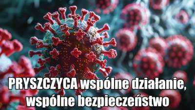 Obraz powiększonego wirusa z napisem: PRYSZCZYCA wspólne działanie, wspólne bezpieczeństwo