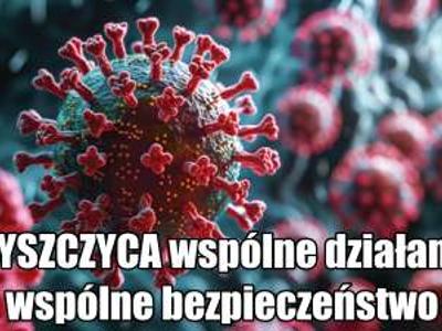 Obraz powiększonego wirusa z napisem: PRYSZCZYCA wspólne działanie, wspólne bezpieczeństwo