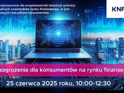 Baner reklamujący webinar. Otwarty laptop na tle nowoczesnego centrum miasta.
