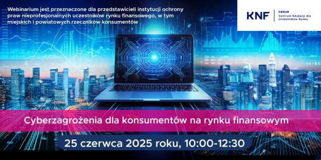 Baner reklamujący webinar. Otwarty laptop na tle nowoczesnego centrum miasta.