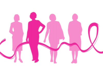 Cztery różowe profile kobiet. Przez całą szerokść obrazka wije się różowa wstążka.