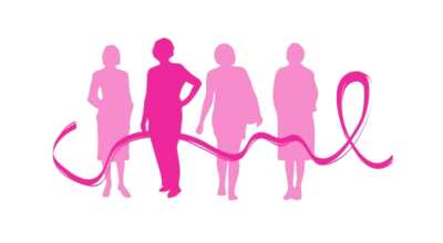 Cztery różowe profile kobiet. Przez całą szerokść obrazka wije się różowa wstążka.