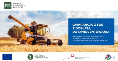 Kombajn młócący zboże. Nad zdjęciem logo: Fundusz Gwarancji Rolnych. Pod zdjęciem: flaga Unii Europejskiej, logo: Ministerstwo Rolnictwa i Rozwoju Wsi, logo: Bank Gospodarstwa Krajowego, logo: Program Rozwoju Obszarów Wiejskich