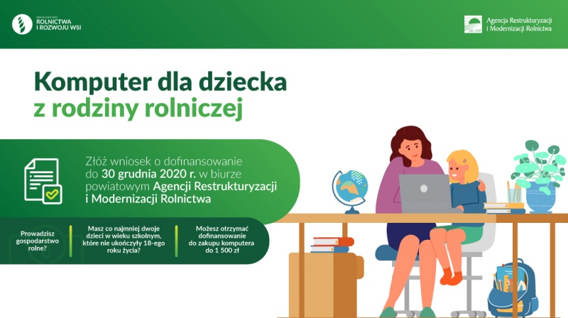 Matka z córką siedzące przy biurku, patrzące na ekran laptopa. Na biurku stoi globus, kwiat w doniczce i leżą również dwie książki i ołówki. Pod biurkiem leży plecak, w którym widać przybory szkolne.