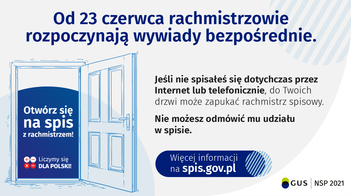 Plakat informujący o rozpoczęciu 23 czerwca 2021 roku spisu bezpośredniego w NSP 2021