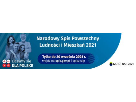 Baner NSP 2021 - na niebieskim tle zdjęcie rodziny: dziadek, żona, mąż i córka