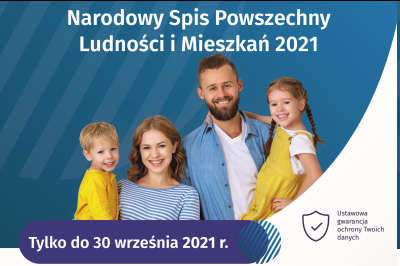 NSP 2021 - baner reklamowy. Młodzi rodzice trzymający na rękach dzieci. Nad górze napis: Narodowy Spis Powszechny Ludności i Mieszkań 2021. Na dole napis: Tylko do 30 września 2021 r.