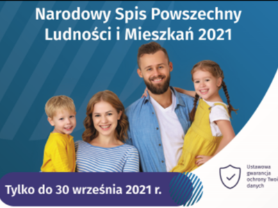 NSP 2021 - baner reklamowy. Młodzi rodzice trzymający na rękach dzieci. Nad górze napis: Narodowy Spis Powszechny Ludności i Mieszkań 2021. Na dole napis: Tylko do 30 września 2021 r.
