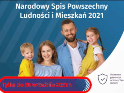 NSP 2021 - baner reklamowy. Młodzi rodzice trzymający na rękach dzieci. Nad górze napis: Narodowy Spis Powszechny Ludności i Mieszkań 2021. Na dole napis: Tylko do 30 września 2021 r.