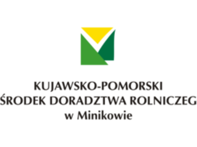 Logo Kujawsko_Pomorski Ośrodek Doradztwa Rolniczego w Minikowie. Dwa zachodzące na siebie trójkąty prostokątne w dwóch odcieniach zieleni, a nad nimi żółty trójkąt.