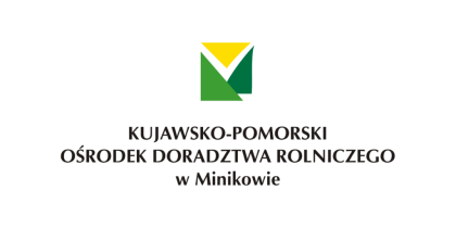 Logo Kujawsko_Pomorski Ośrodek Doradztwa Rolniczego w Minikowie. Dwa zachodzące na siebie trójkąty prostokątne w dwóch odcieniach zieleni, a nad nimi żółty trójkąt.