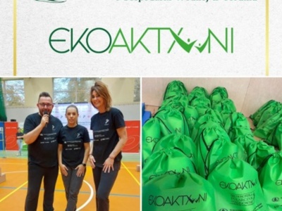 Logo programu EKOAKTYWNI. Poniżej zdjęcie Magdaleny Fularczyk-Kozłowskiej, Katarzyny Skowrońskiej i Huberta Malinowskiego. Drugie zdjęcie przedstawia zielone worki z upominkami z logo EKOAKTYWNI.