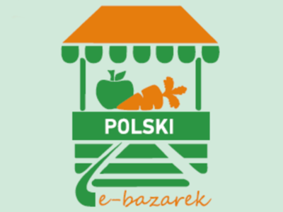 Symboliczne zielone stoisko z pomarańczowym daszkiem. Na blacie leży zielone jabłko i pomarańczowa marchew. Na przodzie biały napis Polski, a poniżej pomarańczowy e-bazarek.