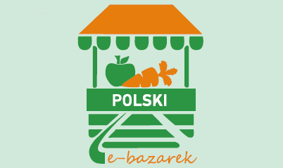 Symboliczne zielone stoisko z pomarańczowym daszkiem. Na blacie leży zielone jabłko i pomarańczowa marchew. Na przodzie biały napis Polski, a poniżej pomarańczowy e-bazarek.