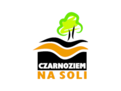 Logo Lokalnej Grupy Działania. Stylizowane zielone drzewo z brązowym pniem. Pod drzewem czarna i pomarańczowa fala. Pod Falami napis Czarnoziem Na Soli.