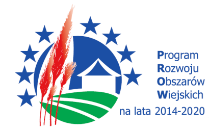 Logo Programu Rozwoju Obszarów Wiejskich. W okręgu umieszczony prosty kształt domu na niebieskim tle, poniżej w zielonym kolorze pola uprawne, a po lewej czerwone kłosy przecinające koło. Dookoła koła rozmieszczone osiem niebieskich gwizad.