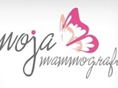 Logo: moja mammografia, po prawej nad napisem jest zarys motyla z jednym skrzydłem różowym, a drugim pomarańczowym.