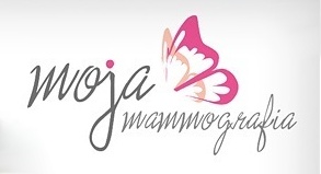 Logo: moja mammografia, po prawej nad napisem jest zarys motyla z jednym skrzydłem różowym, a drugim pomarańczowym.