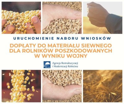 Baner reklamujący Dopłaty do materiału siewnego. Na banerze sześć zdjęć ziarnami, ziarnami na dłoni. Przez środek przechodzą napis: uruchomienie naboru wniosków, dopłaty do materiału siewnego dla rolników poszkodowanych  w wyniku wojny. Poniżej znajduje się logo Agencji Restrukturyzacji i Modernizacji Rolnictwa.