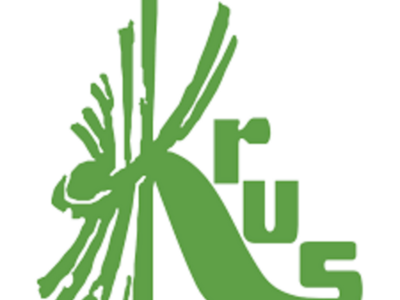 Logo KRUS. Zielony napis KRUS stylizowany na snopek słomy
