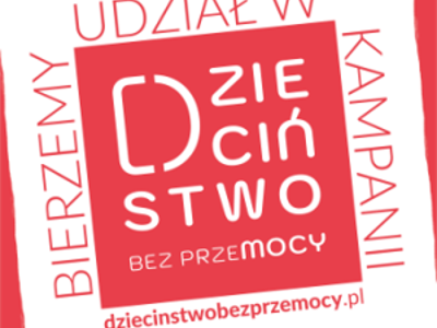 Logo kampanii Dzieciństwo bez przemocy. Biało-czerwone kwadraty z napisami: bierzemy udział w kampanii dziciństwo bez przemocy.