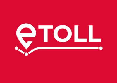 Logo etoll - biały napis etoll na czerwonym tle.