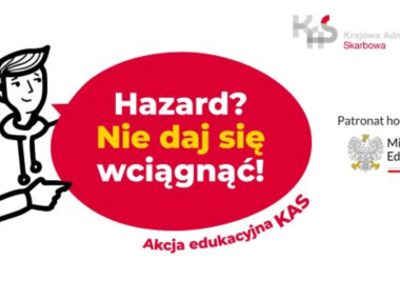 Baner reklamujący akcję „Hazard? Nie daj się wciągnąć!”. Rysunek człowieka z czerwonym dymkiem z napisem: „Hazard? Nie daj się wciągnąć!”
