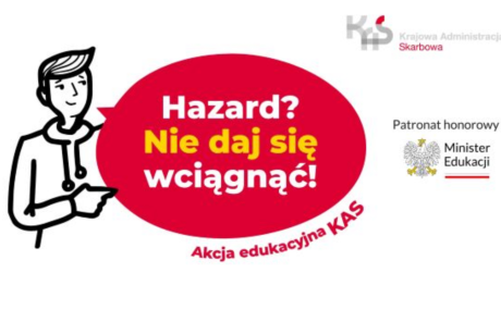 Baner reklamujący akcję „Hazard? Nie daj się wciągnąć!”. Rysunek człowieka z czerwonym dymkiem z napisem: „Hazard? Nie daj się wciągnąć!”
