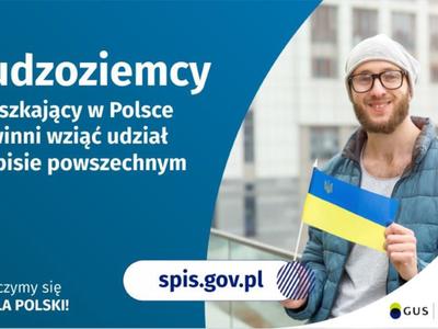 Plakat promujący pomoc cudzoziemcom w spisaniu się w Narodowym Spisie Powszechnym Ludności i Mieszkań 2021