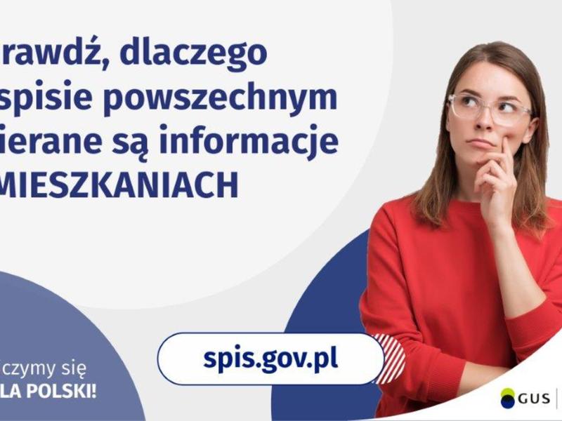 Plakat: na białym tle kobieta w czerwonym ubraniu zastanawia się: "Sprawdź, dlaczego w spisie powszechnym zbierane są informacje o mieszkaniach