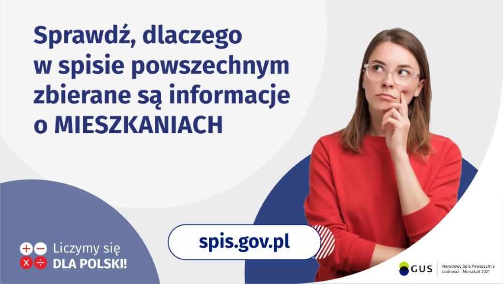 Plakat: na białym tle kobieta w czerwonym ubraniu zastanawia się: "Sprawdź, dlaczego w spisie powszechnym zbierane są informacje o mieszkaniach