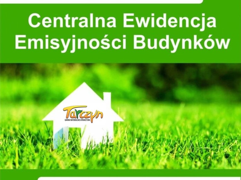 biały domek na tle zielonej trawy. Napis Centralna Ewidencja Emisyjności Budynków