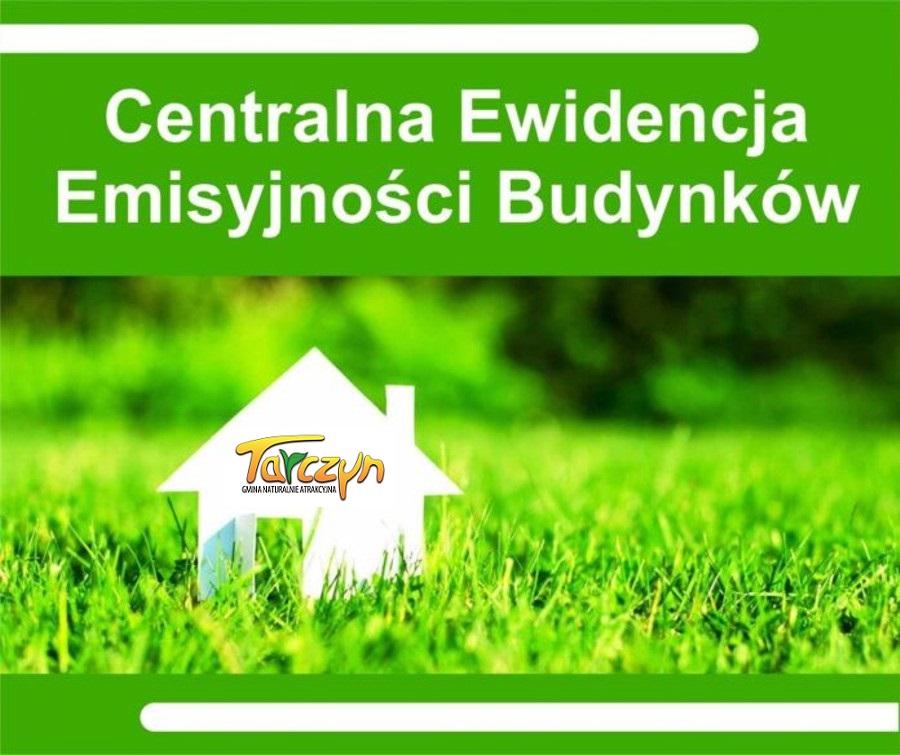 biały domek na tle zielonej trawy. Napis Centralna Ewidencja Emisyjności Budynków