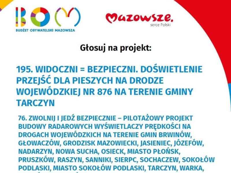 Lista projektów, na które można zagłosować w Budżecie Obywatelskim Mazowsza