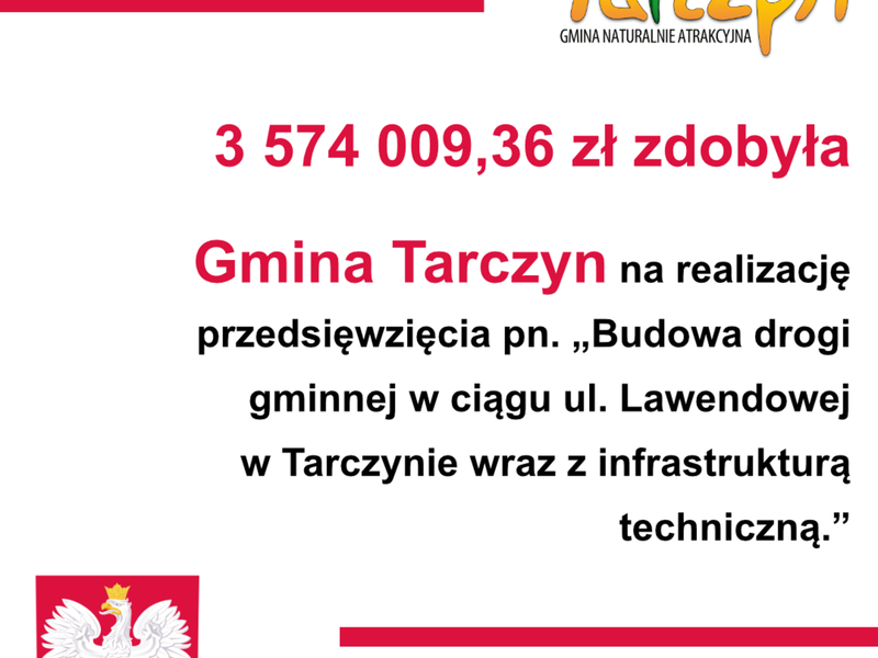 Baner dotyczący zdobytego dofinansowania przez gminę Tarczyn