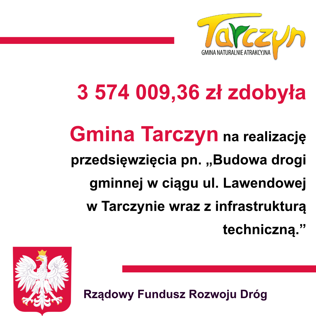 Baner dotyczący zdobytego dofinansowania przez gminę Tarczyn