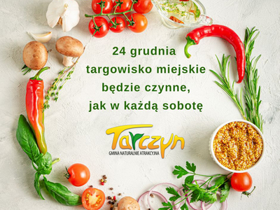 Baner przedstawiający informację o godzinach pracy targowiska miejskiego w Tarczynie