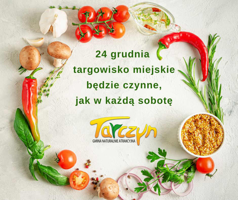 Baner przedstawiający informację o godzinach pracy targowiska miejskiego w Tarczynie