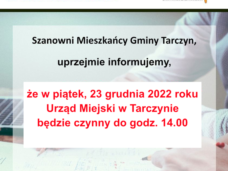 Baner informujący o godzinach pracy urzędu 23 grudnia 2022 r.