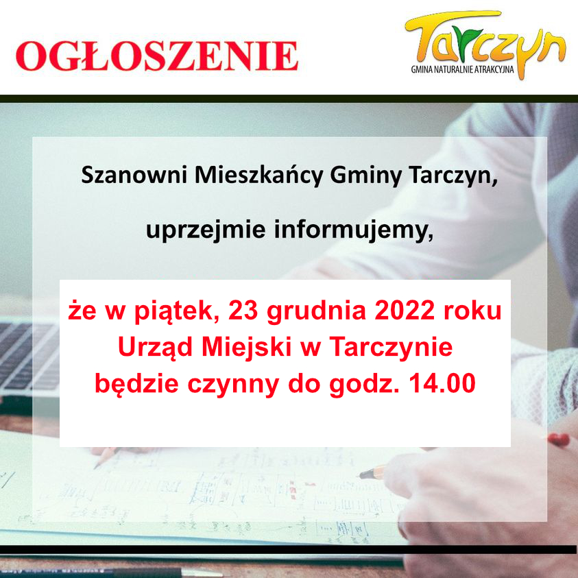 Baner informujący o godzinach pracy urzędu 23 grudnia 2022 r.