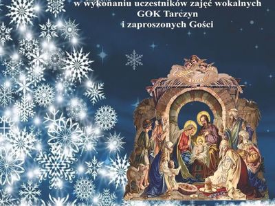 Plakat przedstawiający szopkę i choinkę