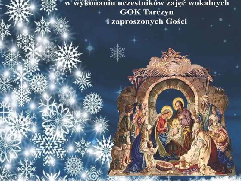 Plakat przedstawiający szopkę i choinkę