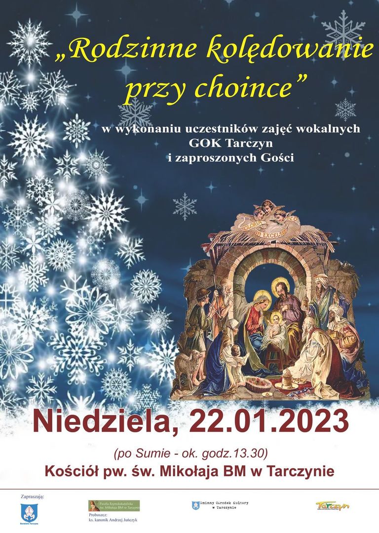 Plakat przedstawiający szopkę i choinkę