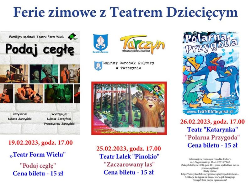 Baner zawierający harmonogram przedstawień teatralnych - ferie 2023